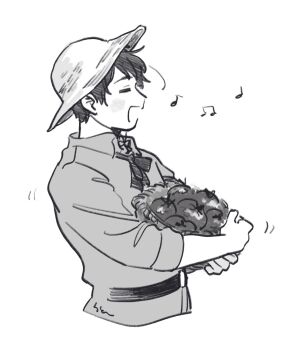 1boy axis_powers_hetalia basket belt blush bow bowtie closed_eyes collared_shirt greyscale hair_between_eyes hat highres holding holding_basket long_sleeves male_focus mi_aph_to monochrome music musical_note open_mouth shirt short_hair simple_background singing smile solo spain_(hetalia) sun_hat tomato upper_body