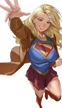 1girl absurdres blonde_hair blue_eyes blue_shirt boots breasts brown_jacket commentary_request dc_comics earrings grin highres jacket jewelry large_breasts long_hair looking_at_viewer reaching reaching_towards_viewer red_boots red_skirt shirt skirt smile solo supergirl supergirl_(2026) superhero_costume superman_(series) superman_logo taiyang_yu white_background