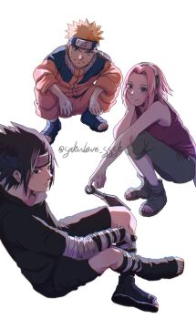 Rule 34 | 1girl, 2boys, black bodysuit, black eyes, black hair, blonde hair, blue eyes, blue jacket, bodysuit, dress, facial mark, forehead protector, full body, green eyes, group picture, haruno sakura, highres, jacket, multicolored jacket, multiple boys, naruto (classic), naruto (series), orange jacket, orange pants, pants, pink dress, pink hair, sakulove sssk, short hair, simple background, squatting, twitter username, two-tone jacket, uchiha sasuke, uzumaki naruto, whisker markings, white background