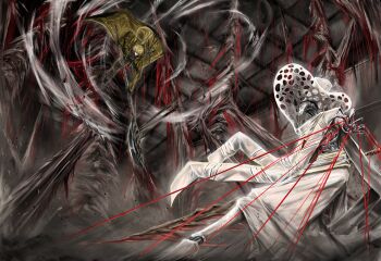 2boys a_certain_sinclair_(project_moon) absurdres arms_at_sides attack battle black_gloves black_shoes blonde_hair blood blood_string callisto_(project_moon) ceiling claws coat commentary_request drawstring faceless faceless_male facing_another fighting_stance gloves grey_pants halberd hat hen_na highres holding holding_polearm holding_sword holding_weapon imminent_attack indoors korean_commentary limbus_company load_bearing_vest long_hair long_skirt long_sleeves looking_at_another low_ponytail midair multiple_boys on_one_knee open_clothes open_coat pants polearm ponytail project_moon robot_boy shoes sinclair_(project_moon) skirt stole sword tile_ceiling tiles trench_coat weapon white_hat white_skirt wind yellow_coat yellow_sleeves