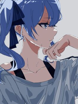 1girl blue_eyes blue_hair closed_mouth collarbone commentary_request hand_up highres hololive hololive_dance_practice_uniform hoshimachi_suisei looking_afar portrait shirt side_ponytail solo star_(symbol) star_in_eye sweat symbol_in_eye turning_head upper_body virtual_youtuber vjhz5285 white_shirt wiping_face