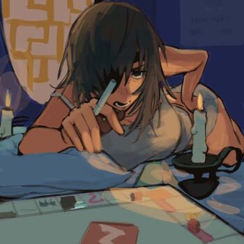 1girl alcohol beer black_hair candy chainsaw_man ck controller food green_eyes himeno_(chainsaw_man) lollipop non-web_source on_bed remote_control