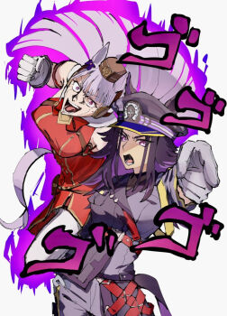 2girls animal_ears armband black_hair blunt_bangs blunt_ends bow bowtie brown_hat clenched_hand colored_inner_hair commentary dress ear_bow ears_through_headwear fenomeno_(umamusume) furrowed_brow gold_ship_(red_strife)_(umamusume) gold_ship_(umamusume) grey_hair hat hat_ribbon headgear horse_ears horse_girl horseshoe_hat_ornament horseshoe_ornament jojo_no_kimyou_na_bouken jojo_pose kujo_jotaro&#039;s_pose long_hair menacing_(jojo) multicolored_hair multiple_girls pantyhose peaked_cap pillbox_hat pointing pointing_at_viewer purple_bow purple_eyes purple_hair purple_ribbon red_armband red_bow red_bowtie red_dress ribbon sidelocks sleeveless sleeveless_dress sound_effect stand_(jojo) stardust_crusaders thick_eyebrows umamusume usujio white_background white_pantyhose