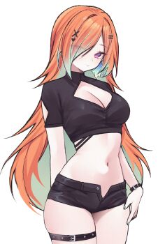 1girl absurdres alternate_costume arm_cutout belt black_shorts breasts cleavage_cutout clothing_cutout colored_inner_hair commentary crop_top cross_hair_ornament earrings english_commentary eyes_visible_through_hair feather_earrings feathers gradient_hair green_hair hair_ornament hair_over_one_eye hairclip half-closed_eyes hand_on_own_thigh heart heart_hair_ornament highres hololive hololive_english jewelry large_breasts long_hair looking_at_viewer miclipse midriff multicolored_hair navel open_fly orange_hair purple_eyes revision short_shorts shorts solo takanashi_kiara thigh_belt thigh_strap thighs two-tone_hair very_long_hair virtual_youtuber white_background wrist_belt