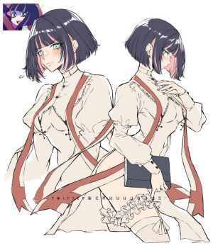 Rule 34 | 1girl, anime screenshot inset, bible (object), blue eyes, blue hair, book, breasts, church, colored inner hair, criis-chan, cross, english text, gothic lolita, holding, holding book, large breasts, latin cross, leotard, lolita fashion, looking at viewer, multicolored hair, panty &amp; stocking with garterbelt, pink hair, priestess, screenshot inset, short hair, simple background, solo, stocking (psg), thighhighs, two-tone hair, white background