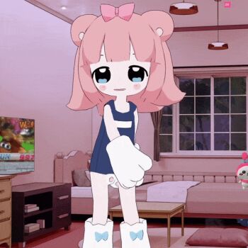 1girl animal_ears animated animated_gif bare_legs bed bedroom blue_(among_us) blue_eyes blue_one-piece_swimsuit blue_school_swimsuit blush_stickers book boots bow ceiling ceiling_light character_doll chest_of_drawers chromu crewmate_(among_us) dancing doll five_nights_at_freddy&#039;s freddy_fazbear gloves hair_bow indie_virtual_youtuber indoors looking_at_viewer my_melody one-piece_swimsuit onegai_my_melody paw_gloves paw_shoes picture_frame pink_hair sanrio school_swimsuit sega smile solo sonic_(series) sonic_the_hedgehog stuffed_animal stuffed_toy swimsuit table tail teddy_bear television virtual_youtuber white_boots white_gloves window