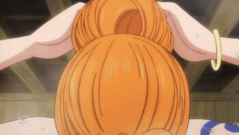animated animated_gif anime_screenshot armpits arms_up bathing breasts closed_eyes collarbone hands_behind_own_head happy huge_breasts indoors nami_(one_piece) one_piece open_mouth orange_hair shoulder_tattoo smile tattoo teeth towel towel_over_breasts wet wet_hair