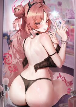 1girl absurdres applying_makeup applying_own_makeup ass black_bra black_choker black_panties blue_archive bra bracelet breasts camera_flash cellphone chochomi choker commentary curvy deep_skin doodle_sensei_(blue_archive) double_bun earrings facing_viewer fake_horns fluffy_hair from_behind hair_bun halo highres holding holding_phone horns jewelry kirara_(blue_archive) large_breasts lipstick long_hair looking_at_viewer looking_back makeup mirror mirror_selfie nail_polish narrow_waist open_bra panties phone red_eyes red_hair revealing_clothes selfie sensei_(blue_archive) shiny_skin sitting skindentation smile solo thighs underwear untranslatable_commentary
