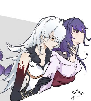 2girls abaabaababiba absurdres asmoday_(genshin_impact) black_fur blunt_bangs braid breasts bridal_gauntlets chinese_commentary cleavage closed_mouth clothing_cutout colored_eyelashes colored_skin commentary_request couple dated eyeshadow from_behind from_side fur_trim genshin_impact grabbing_from_behind hair_between_eyes hand_on_another's_arm hand_on_another's_neck highres japanese_clothes kimono leaning_forward long_braid long_hair long_sleeves makeup mole mole_under_eye multicolored_skin multiple_girls parted_lips pink_lips purple_eyes purple_hair purple_kimono raiden_shogun red_sash sash shaded_face shoulder_cutout single_braid two-tone_skin wavy_hair white_hair yuri