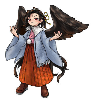 1girl alternate_costume blue_robe blush brown_hair brown_hakama brown_shoes brown_wings commentary_request full_body hakama hakama_skirt highres horse_tail japanese_clothes kimono kurokoma_saki long_sleeves looking_at_viewer nokisakifuurin open_mouth pink_kimono pom_pom_(clothes) ponytail red_eyes robe shoes simple_background skirt smile solo tail touhou white_background wide_sleeves wings