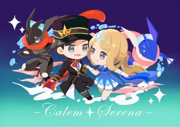 Rule 34 | 1boy, 1girl, alternate color, black hat, blonde hair, blue background, blue dress, calem (champion) (pokemon), calem (pokemon), chibi, chibi only, dress, full body, gen 6 pokemon, gradient background, greninja, grey eyes, hashtag-only commentary, hat, highres, holding hands, lingzhuo (zhuozhuo0318), nintendo, official alternate costume, pokemon, pokemon (creature), pokemon masters ex, serena (champion) (pokemon), serena (pokemon), shiny pokemon