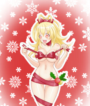 10s 1girl :d antenna_hair bandeau bdsm blonde_hair blush body_blush bondage bound bow breasts christmas cleavage cowboy_shot drawfag fang female_focus flipped_hair groin hair_bow highres holly kami_jigen_game_neptune_v large_breasts long_hair looking_down mario_grant mistletoe naked_ribbon navel neptune_(series) open_mouth orange_eyes pish red_background ribbon ribbon_bondage shiny_skin signature smile snowflakes solo standing symbol-shaped_pupils thigh_gap underboob untying wide_hips yellow_heart_(neptunia)