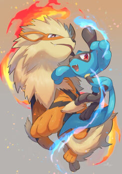 Rule 34 | absurdres, arcanine, aura, black eyes, black fur, blue fur, blue tail, fangs, fire, full body, gen 1 pokemon, gen 4 pokemon, highres, looking at viewer, mane, nintendo, nullma, open mouth, orange fur, pokemon, pokemon (creature), red eyes, riolu, smile