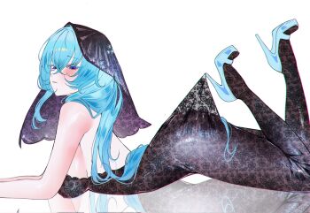 1girl alternate_costume ass backless_outfit bare_shoulders black_bodystocking black_veil blue_hair blue_shoes blush breasts chromatic_aberration colored_eyelashes commentary english_commentary from_side hair_between_eyes high_heels highres hooked_on_heel lace_pantyhose_hooked_on_heel_(meme) large_breasts long_hair looking_at_viewer looking_to_the_side lying meme on_stomach parted_lips purple_eyes reflective_floor sanya_(sanya_lox228) shoes shorekeeper_(wuthering_waves) sideboob simple_background solo the_pose veil very_long_hair white_background wuthering_waves