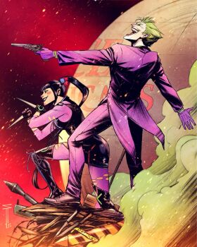 1boy 1girl batman_(series) black_dress black_gloves black_hair blush_stickers colored_skin commentary dc_comics dress english_commentary evil_smile gloves green_hair grin gun hair_ornament highres holding holding_gun holding_knife holding_weapon jacket knife ponytail punchline_(dc) purple_gloves purple_jacket purple_shirt sergacuna shirt smile the_joker torn_clothes weapon white_skin