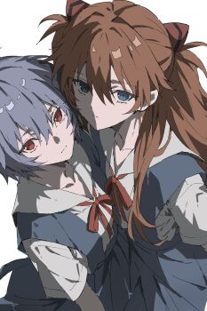 2girls ayanami_rei blue_dress blue_hair closed_mouth collared_shirt double-parted_bangs dress hair_between_eyes highres interface_headset_(evangelion) long_hair long_sleeves looking_at_viewer multiple_girls neck_ribbon neon_genesis_evangelion orange_hair red_eyes red_ribbon ribbon ru_neko_ru school_uniform shirt short_hair souryuu_asuka_langley standing tokyo-3_middle_school_uniform very_long_hair white_background white_shirt