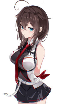 1girl black_shirt black_skirt blue_eyes breasts brown_hair chest_harness fathom hair_between_eyes harness highres kantai_collection large_breasts long_hair necktie red_necktie shigure_(kancolle) shigure_kai_san_(kancolle) shirt simple_background skirt solo thighs two-tone_shirt white_background white_shirt