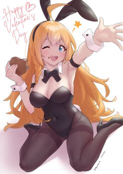 Rule 34 | 1girl, absurdres, ahoge, alternate costume, animal ear hairband, animal ears, black bow, black bowtie, black leotard, black pantyhose, black shoes, blue eyes, bow, bowtie, breasts, candy, chocolate, chocolate heart, cleavage, commentary, detached collar, eating, english commentary, fake animal ears, food, hairband, happy valentine, heart, heart-shaped food, high heels, highres, large breasts, leotard, long hair, orange hair, pantyhose, pecorine (princess connect!), playboy bunny, princess connect!, rabbit ears, rabbit tail, ruinone, shoes, solo, strapless, strapless leotard, tail, thighband pantyhose, valentine, wrist cuffs