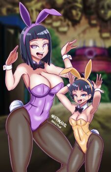 2girls animal_ears arms_up artist_name bare_shoulders black_bow black_bowtie black_hair black_pantyhose blue_eyes blurry blurry_background boruto:_naruto_next_generations bow bowtie breasts cleavage collar covered_navel detached_collar facial_mark fake_animal_ears fake_tail feet_out_of_frame female_focus fishnet_pantyhose fishnets grey_eyes hands_up huge_breasts hyuuga_hinata leotard loli looking_at_viewer medium_breasts medium_hair mother_and_daughter multiple_girls naruto_(series) nightmare_hdraw open_mouth oppai_loli outdoors pantyhose playboy_bunny purple_leotard rabbit_ears rabbit_pose rabbit_tail short_hair strapless strapless_leotard tail teeth tongue upper_teeth_only uzumaki_himawari variant_set white_collar wrist_cuffs yellow_leotard