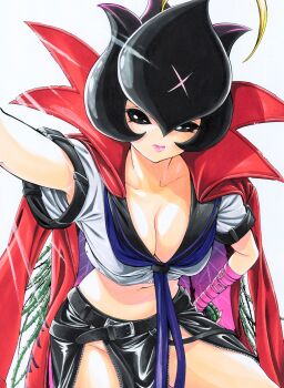 Rule 34 | 1girl, bancholilimon, belt, cape, collarbone, digimon, digimon (creature), female focus, hand on own hip, highres, lips, long skirt, looking at viewer, miura satoru, sailor collar, simple background, skirt, thorns, white background