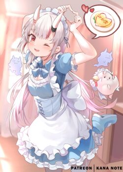 ;d alternate_costume apron arms_up blurry depth_of_field enmaided food heart heart_hands hololive horns karma_(nakiri_ayame) maid maid_apron maid_headdress md5_mismatch mujinbensin multicolored_hair nakiri_ayame omelet omurice one_eye_closed open_mouth poyoyo_(nakiri_ayame) red_eyes resolution_mismatch shiranui_(nakiri_ayame) silver_hair skin-covered_horns smile source_larger spoken_food standing standing_on_one_leg streaked_hair two-tone_hair virtual_youtuber