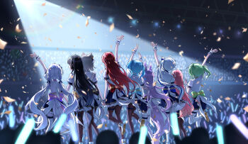 6+girls absurdres akane_lize animal_ears aokumo_rin arahashi_tabi arm_up ayatsuno_yuni black_pantyhose black_skirt blue_hair boots cat_ears cat_girl commentary confetti frilled_skirt frills from_behind gloria_(gloriao3o) glowstick green_hair grey_hair hanako_nana highres long_hair low_twintails multiple_girls neneko_mashiro pantyhose people purple_hair red_hair shirayuki_hina shirt short_hair short_sleeves skirt stage standing standing_on_one_leg stellive tenko_shibuki twintails virtual_youtuber white_boots white_hair white_shirt wrist_cuffs yuzuha_riko