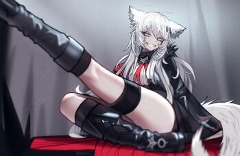 1girl animal_ears arknights derivative_work ehrrr grey_hair hair_between_eyes hair_ornament hairclip highres jacket lappland_(arknights) lappland_the_decadenza_(arknights) legs_up long_hair looking_at_viewer photo-referenced scar scar_across_eye scar_on_face smile thighs wolf_ears wolf_girl
