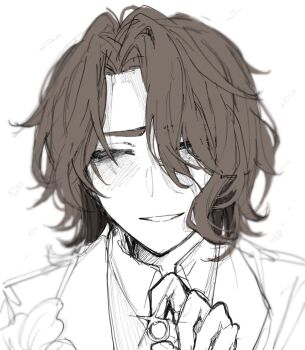 1boy alternate_costume alternate_universe brown_hair closed_eyes collared_shirt facing_viewer flower formal_clothes genshin_impact glint greyscale grin hair_intakes hair_over_one_eye holding holding_jewelry holding_ring jacket jewelry kiri_no1020 lapels male_focus monochrome rerir_(genshin_impact) ring shirt smile solo spot_color suit suit_jacket wavy_hair wedding_ring white_background