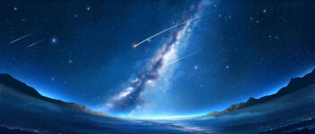 absurdres blue_sky commentary english_commentary fisheye highres horizon kimigalunar meteor_shower milky_way mountainous_horizon night no_humans ocean original outdoors reflection reflective_liquid scenery shooting_star sky sky_focus star_(sky) starry_sky water