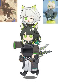 1other 2girls ahoge ambiguous_gender animal_ear_fluff animal_ears arknights bare_shoulders black_coat black_gloves black_hair black_jacket carrying cat_ears cat_girl cat_tail closed_mouth coat colored_inner_hair commentary doctor_(arknights) dress gloves green_dress green_eyes green_hair green_streaks grey_hair highres holding holding_another&#039;s_ear hood hooded_coat huge_ahoge jacket kal&#039;tsit_(arknights) long_hair long_sleeves material_growth mon3tr_(arknights) multicolored_hair multiple_girls off-shoulder_dress off_shoulder open_mouth oripathy_lesion_(arknights) photo_inset pointing pointing_forward shadow short_hair shoulder_carry simple_background sleeves_past_fingers sleeves_past_wrists standing symbol-only_commentary tail twitter_username walking white_background wwfo_2