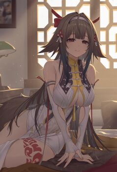 1girl absurdres animal_ears arm_cutout arm_support bare_shoulders bed bed_sheet black_hair breasts brown_hair china_dress chinese_clothes cleavage closed_mouth clothing_cutout commentary_request dagger_(wgue8322) day desk_lamp detached_sleeves dress droopy_ears gradient_hair hair_ornament halter_dress halterneck headband highres indoors lamp large_breasts leg_tattoo light_particles long_hair looking_at_viewer morning multicolored_hair nail_polish on_bed pelvic_curtain picture_frame pillow pink_nails print_dress red_eyes see-through_cleavage see-through_clothes sidelocks sitting smile solo tail tassel tattoo thighs very_long_hair window ye_shunguang yokozuwari zenless_zone_zero