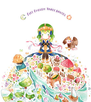 1girl 2boys 2girls animalization bird black_pantyhose chibi chibi_only circlet claude_von_riegan claude_von_riegan_(timeskip) colored_pencil_(medium) copyright_name deer dimitri_alexandre_blaiddyd dimitri_alexandre_blaiddyd_(timeskip) edelgard_von_hresvelg edelgard_von_hresvelg_(timeskip) female_byleth_(fire_emblem) fire_emblem fire_emblem:_three_houses green_hair hawk highres lion long_hair multiple_boys multiple_girls nintendo painting_(medium) pantyhose river solo solo_focus traditional_media tree watercolor_(medium) white_background yukichi_0611