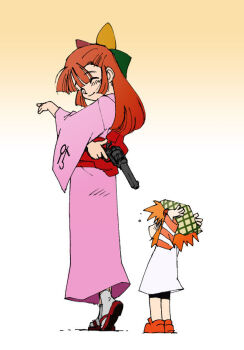 2girls 95-tan artist_request asymmetrical_bangs brown_hair child closed_eyes crossover drawfag false_smile flying_teardrops futaba_channel gradient_background gun hair_ornament hairclip handgun happy japanese_clothes kimono long_hair multiple_girls orange_hair os-tan revolver shoes sidelocks simple_background smile source_request suigetsu surprised sweat waha waha_skirt_lift weapon yamato_suzuran