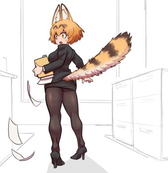 animal_ears black_footwear black_legwear black_skirt business_suit cat_ears formal_clothes high_heels highres kemono_friends low_angle orange_eyes orange_hair panties pantyhose serval_(kemono_friends) skirt suit surprised sweatdrop tail underwear