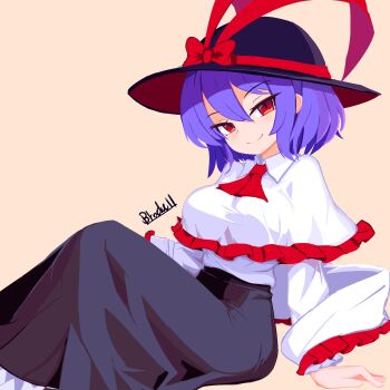 1girl arm_support artist_name ascot black_hat black_skirt bow breasts brodall_pixel brown_background closed_mouth collared_shirt commentary_request feet_out_of_frame frilled_shawl frilled_shirt frills hagoromo hair_between_eyes hat hat_bow highres knee_up large_breasts long_skirt long_sleeves nagae_iku purple_hair red_ascot red_bow red_eyes shawl shirt shirt_tucked_in sitting skirt smile solo touhou white_shirt