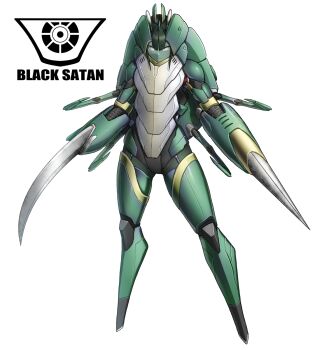 1girl armor arthropod_girl arthropod_limbs blade_arm closed_mouth colored_skin commentary crab_girl cyborg eidenjyou1997 emblem english_commentary expressionless extra_arms full_body green_armor green_hair green_skin highres kamen_rider kamen_rider_stronger_(series) kani_kikkaijin looking_at_viewer mechanical_arms monster_girl no_hands simple_background solo standing white_background white_eyes