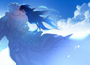 1boy 1girl andy_(undead_unluck) black_hair blue_sky breasts cleavage closed_eyes couple dress hair_up highres hug izumo_fuuko jacket long_hair no_eyebrows pants parted_bangs shirt short_hair sky sleeveless undead_unluck wedding wedding_dress wenxiang233333 white_hair white_jacket white_pants white_shirt