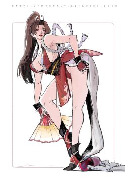 1girl absurdres bare_shoulders bent_over breasts brown_eyes brown_hair cleavage fatal_fury folding_fan full_body hand_fan hand_on_own_hip highres holding holding_fan japanese_clothes large_breasts loiza long_hair motoyui ninja parted_bangs parted_lips pelvic_curtain ponytail revealing_clothes rope shiranui_mai sideboob smile solo the_king_of_fighters thighs watermark web_address white_background
