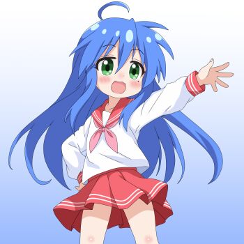 1girl ahoge blue_hair blush choppy_bangs commentary cowboy_shot floating_hair gradient_background green_eyes hair_between_eyes hand_on_own_hip highres izumi_konata long_bangs long_hair long_sleeves lucky_star miniskirt mole mole_under_eye neckerchief open_mouth outstretched_arm pink_neckerchief pleated_skirt red_sailor_collar red_skirt sailor_collar sakuzo school_uniform serafuku shirt simple_background skirt smile solo standing white_shirt