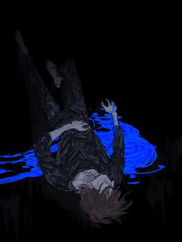 1boy black_shirt bleeding blood blood_on_clothes blood_on_hands blue_blood brown_hair commentary full_body hand_on_own_stomach highres knee_up long_sleeves lying male_focus on_back original pool_of_blood revol4357 shirt short_hair solo symbol-only_commentary