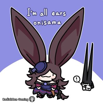 Rule 34 | !, 2girls, :3, animal ears, artist name, black hair, blush, brown hair, chibi, comically large ears, english text, fox ears, highres, horse ears, horse girl, horse tail, hoshimi miyabi, i'm all ears (meme), long hair, meme, multiple girls, radishman, rice shower (rosy dreams) (umamusume), rice shower (umamusume), solo focus, spoken exclamation mark, tail, umamusume, zenless zone zero