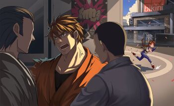 Rule 34 | 1girl, braid, braided ponytail, brown eyes, brown hair, dougi, female focus, hairband, karate gi, long hair, outdoors, pale skin, ponytail, ryou sakazaki, the king of fighters, thick thighs, thighs, yuri sakazaki