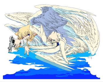 2girls angel_wings blonde_hair blue_eyes chibi commentary_request dress feathered_wings gun handgun highres holding holding_gun holding_weapon looking_at_another lying multiple_girls omitasi on_stomach one_eye_closed original pointy_ears weapon white_dress white_hair white_wings wings