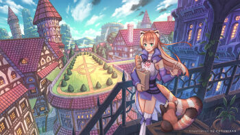 1girl bag barrel blue_sky boots bread breasts commentary_request commission day detached_sleeves food green_eyes highres holding holding_bag knee_boots long_sleeves looking_at_viewer multicolored_hair nagi_itsuki open_mouth original outdoors paper_bag plant potted_plant railing red_hair red_panda red_panda_ears red_panda_girl red_panda_tail scenery skeb_commission sky small_breasts smile solo thighhighs two-tone_hair white_boots white_hair white_thighhighs window wooden_box