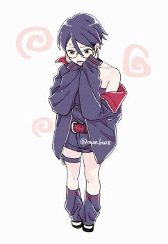 1girl bare_shoulders belt black_eyes black_hair black_jacket black_shoes black_shorts black_socks black_tube_top boruto:_two_blue_vortex commentary_request from_above full_body glasses hands_on_own_cheeks hands_on_own_face highres jacket naruto_(series) off_shoulder onka_(aun_ka28) open_mouth pouch red_belt shoes short_hair short_shorts shorts socks solo strapless sweatdrop thigh_pouch tube_top twitter_username uchiha_sarada