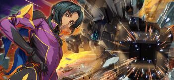 1boy adjusting_clothes adjusting_gloves androgynous assault_rifle bayonet black_gloves black_hair blue_cape bodysuit cape code_geass code_geass:_lost_stories code_geass_(manga) commentary_request dark-skinned_male dark_skin f4samurai game_cg gloves gold_trim gun hair_intakes hands_up highres holding holding_gun holding_weapon jacket ledo_offen long_hair long_sleeves looking_at_viewer male_focus mecha military_uniform night official_art outdoors outline parted_lips purple_bodysuit red_eyes rifle robot shirt side_cape sidelocks solo sparks standing upper_body vincent_(code_geass) weapon white_shirt