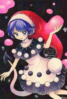 1girl artist_name black_capelet blob blue_eyes capelet commentary dated doremy_sweet dream_soul dress hashtag-only_commentary hat highres looking_at_viewer maa_(forsythia1729) multicolored_dress nightcap open_mouth pom_pom_(clothes) purple_hair red_hat smile solo tail tapir_girl tapir_tail touhou traditional_media twitter_username watermark