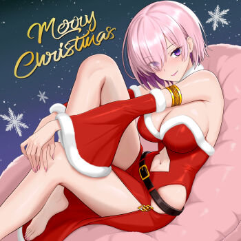 1girl absurdres alternate_costume armlet bare_legs bare_shoulders barefoot belt bertstudent blush breasts christmas cleavage closed_mouth clothing_cutout commentary_request crossed_legs detached_sleeves dress fate/grand_order fate_(series) feet fur-trimmed_dress fur-trimmed_sleeves fur_trim hair_over_one_eye highres jewelry knee_up knees_up large_breasts legs lipgloss lips looking_at_viewer mash_kyrielight merry_christmas nail_polish navel navel_cutout pink_hair purple_eyes red_dress red_sleeves santa_costume santa_dress short_hair sitting smile snowflakes solo thighs toenails toes wide_sleeves