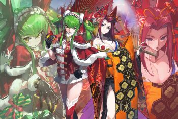2girls bare_shoulders blue_eyes breasts cape character_request cleavage code_geass geisha gloves green_hair hair_ornament hairpin highres japanese_clothes kimono king_kozuki kouzuki_kallen light_smile long_hair looking_at_viewer medium_hair miniskirt multiple_girls multiple_hairpins red_hair santa_costume skirt thighhighs thighs twintails umbrella yellow_eyes