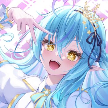 1girl absurdres ahoge aqua_eyes aqua_hair blush close-up collared_shirt colored_tips commentary_request fingernails gold_tiara gradient_hair hair_between_eyes heart heart_ahoge highres hololive long_hair long_sleeves looking_at_viewer multicolored_hair nail_polish open_mouth pink_hair puffy_short_sleeves puffy_sleeves shirt short_sleeves smile solo sumeragi_sumika virtual_youtuber white_shirt yellow_eyes yukihana_lamy